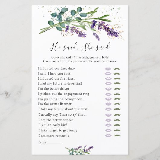 彼は彼女はブライダルゲームのラベンダーのユーカリと言った (正面)