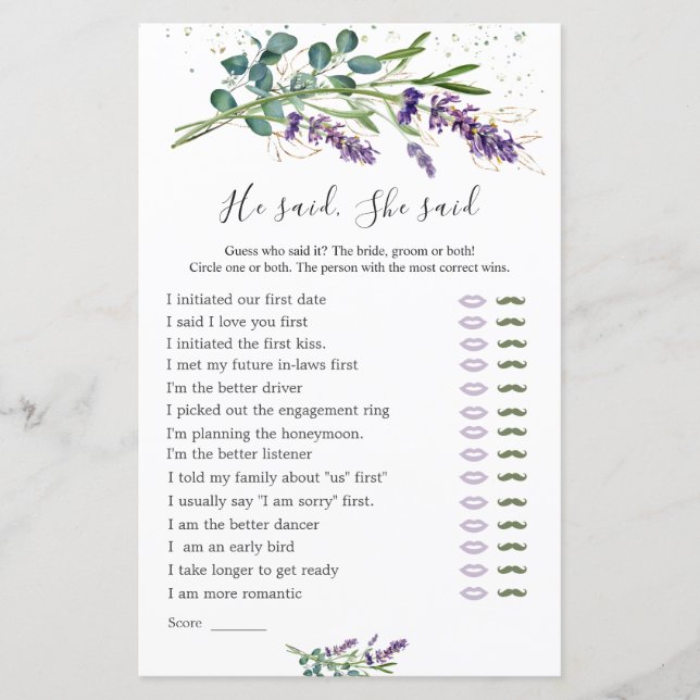 彼は彼女はブライダルゲームのラベンダーのユーカリと言った (正面)