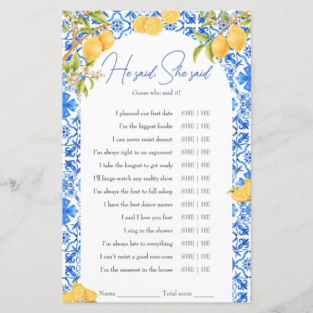 彼は彼女はブライダルシャワーゲームのレモンのイタリアと言った (正面)