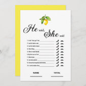 彼は彼女はブライダルシャワーゲームのレモンカードと言った 招待状 (正面/裏面)