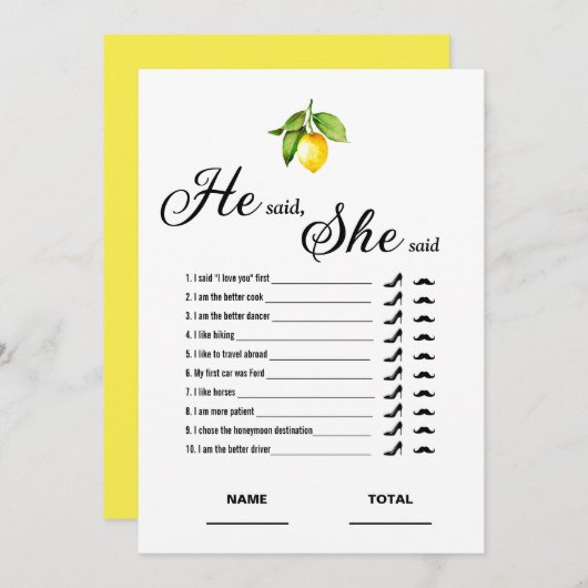 彼は彼女はブライダルシャワーゲームのレモンカードと言った 招待状 (正面/裏面)