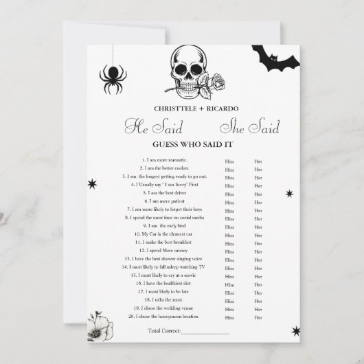 彼は彼女はブライダルシャワーゲームカードと言った 案内状 (正面)