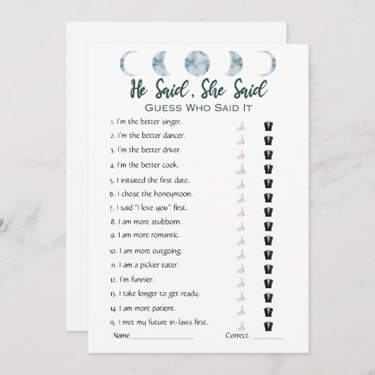 彼は彼女はブライダルシャワーゲーム招待状と言った 招待状 (正面/裏面)