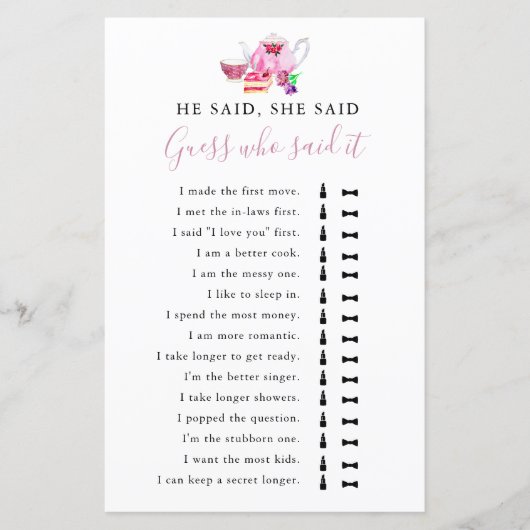 彼は彼女はブライダルシャワーゲーム茶のパーティーを言った (正面)