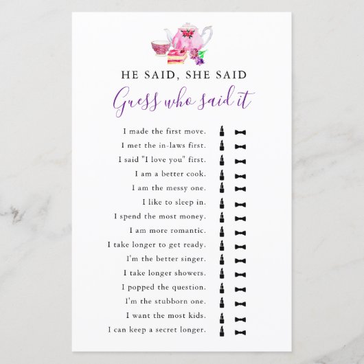 彼は彼女はブライダルシャワーゲーム茶パープルと言った (正面)