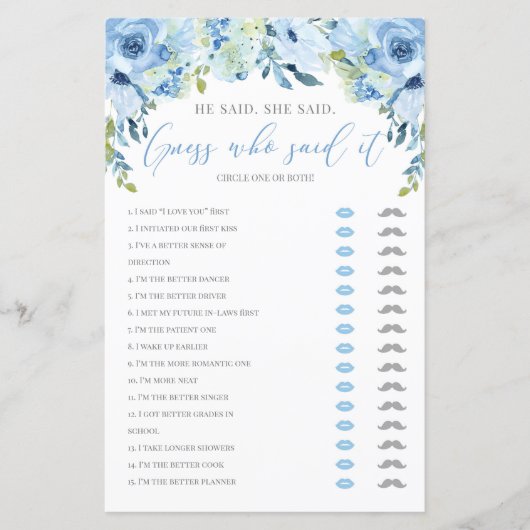 彼は彼女はブライダルシャワーゲーム青フローラと言った (正面)