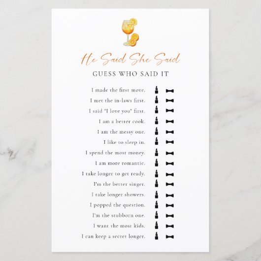 彼は彼女はブライダルシャワーゲームAperol Spritzと言った (正面)