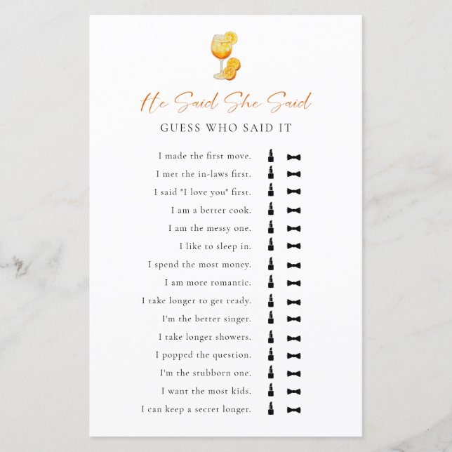 彼は彼女はブライダルシャワーゲームAperol Spritzと言った (正面)