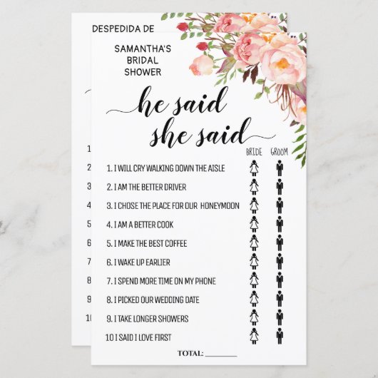 彼は彼女はブライダルシャワーバイリンガルのゲームを言った (正面/裏面)