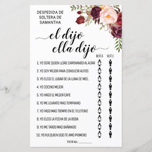 彼は彼女はブライダルシャワーバイリンガルのゲームを言った (裏面)