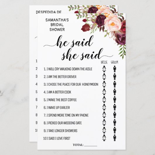 彼は彼女はブライダルシャワーバイリンガルのゲームを言った (正面/裏面)