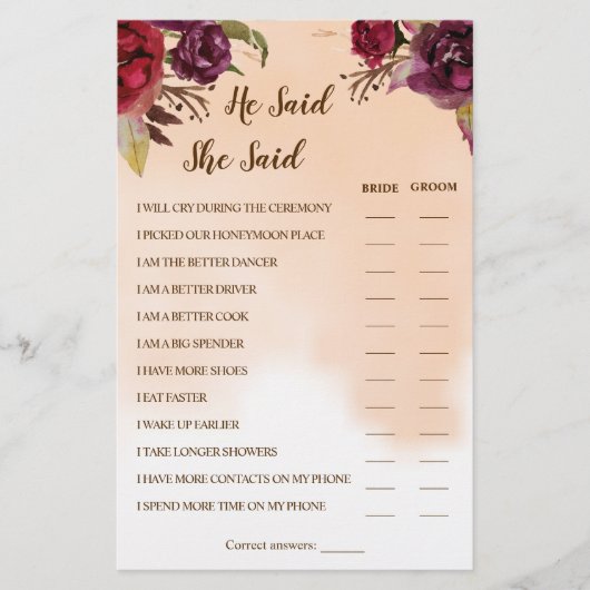 彼は彼女はブルゴーニュのカップルのシャワーゲームカードと言った チラシ (正面)