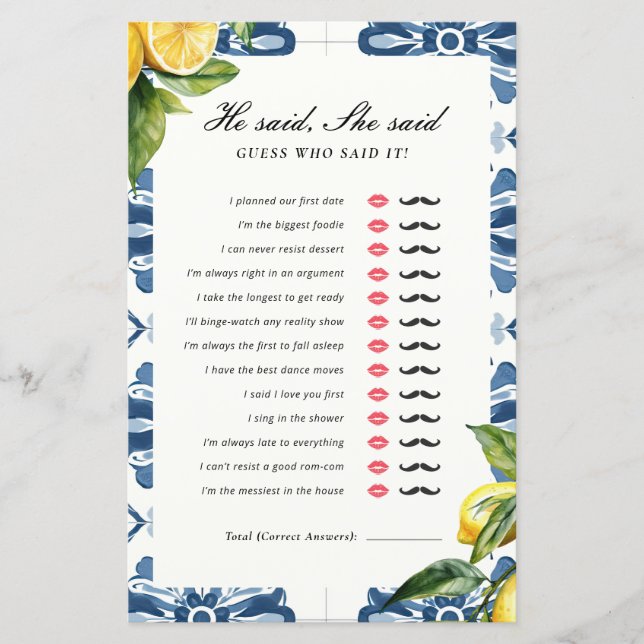 彼は彼女はポジターノのブライダルシャワーゲームを言った (正面)