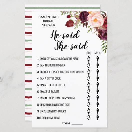 彼は彼女はマルサラフローラブライダルシャワーゲームと言った (正面/裏面)