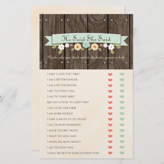 彼は彼女はミントBohoブライダルシャワーゲームを言った (正面/裏面)