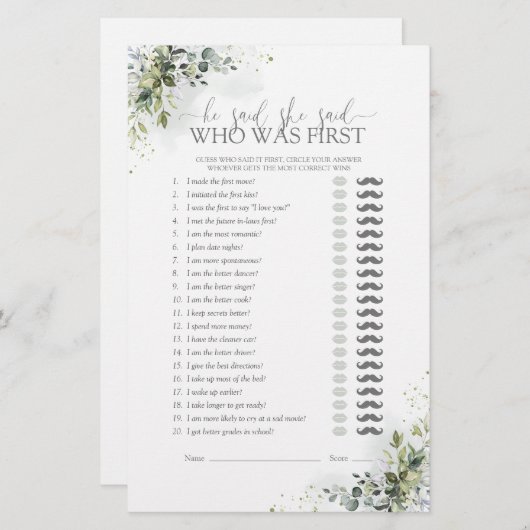 彼は彼女はユーカリブライダルシャワーゲームを言った (正面/裏面)