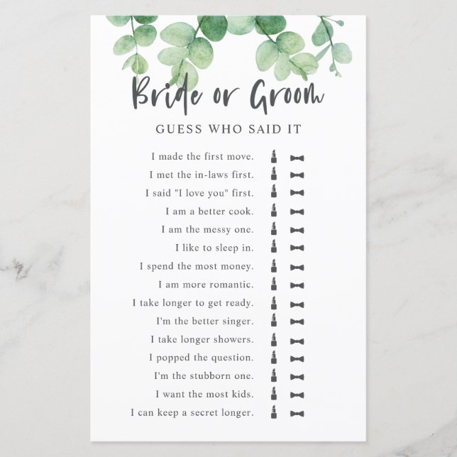 彼は彼女はユーカリブライダルシャワーゲームを言った (正面)