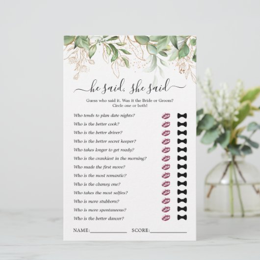 彼は彼女はユーカリブライダルシャワーゲームを言った (スタンド正面)