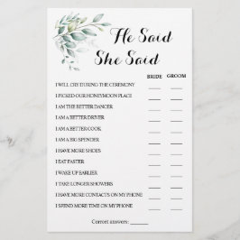 彼は彼女はユーカリ・カップル・シャワーのゲームカードを言った チラシ
