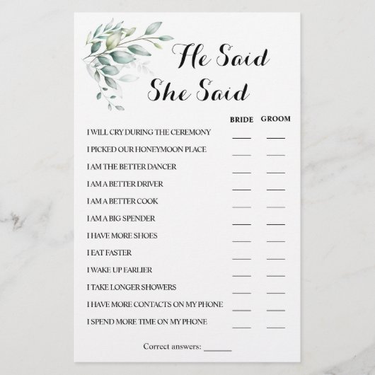 彼は彼女はユーカリ・カップル・シャワーのゲームカードを言った チラシ (正面)