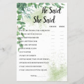 彼は彼女はユーカリBridalShowerゲームカードと言った チラシ (正面)