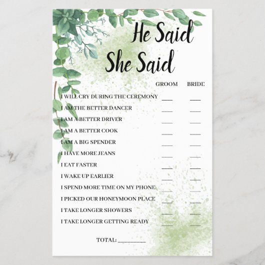彼は彼女はユーカリBridalShowerゲームカードと言った チラシ (正面)