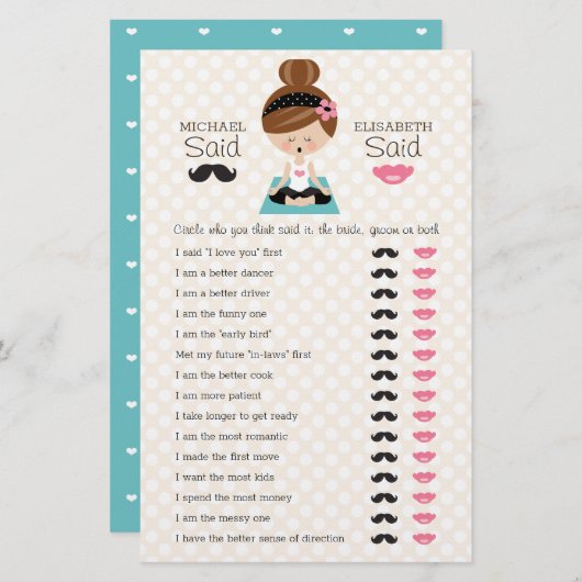 彼は彼女はヨガガガールブライダルシャワーゲームを言った (正面/裏面)