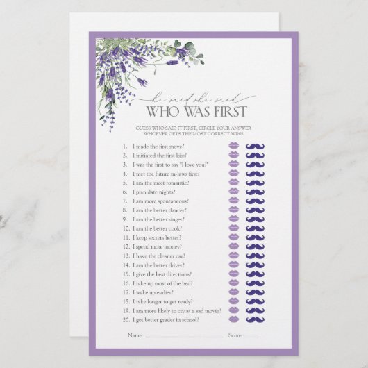 彼は彼女はラベンダーのブライダルシャワーゲームを言った (正面/裏面)