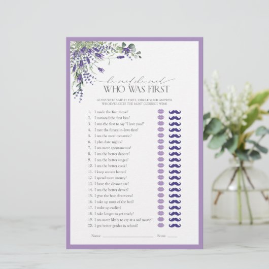 彼は彼女はラベンダーのブライダルシャワーゲームを言った (スタンド正面)