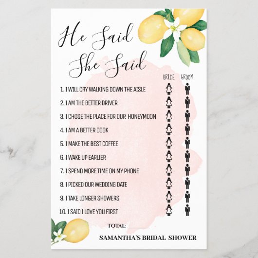 彼は彼女はレモンピンクのブライダルシャワーゲームを言った チラシ (正面)