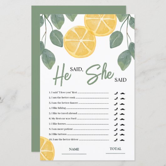 彼は彼女はレモンブライダルシャワーゲームと言った (正面/裏面)