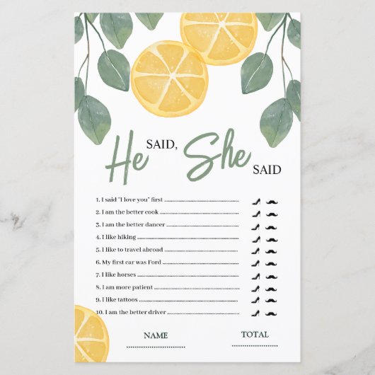 彼は彼女はレモンブライダルシャワーゲームと言った (正面)