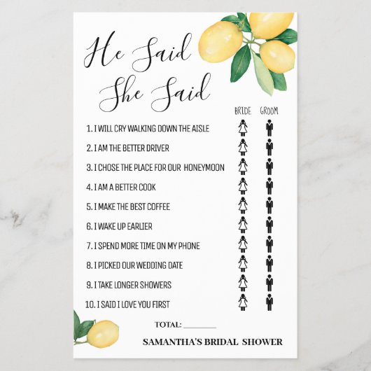 彼は彼女はレモンブライダルシャワーゲームカードと言った チラシ (正面)