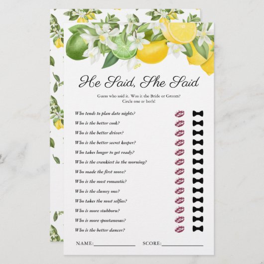 彼は彼女はレモン緑のブライダルシャワーゲームを言った (正面/裏面)