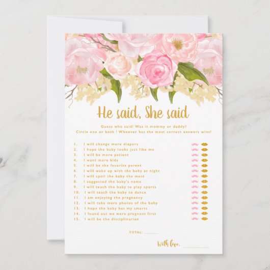 彼は彼女は女の子の赤ちゃんシャワーのゲームカードゲームと言った 招待状 (正面)