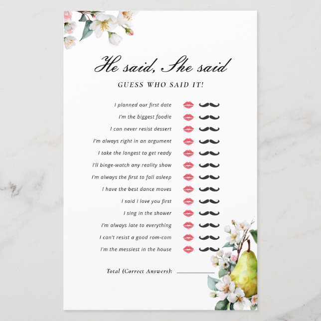 彼は彼女は完璧な梨のブライダルシャワーゲームを言った (正面)