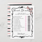 彼は彼女は手引き弓ブライダルシャワーゲームと言った 招待状 (正面/裏面)