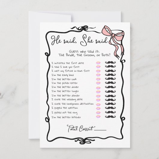 彼は彼女は手引き弓ブライダルシャワーゲームと言った 招待状 (正面)