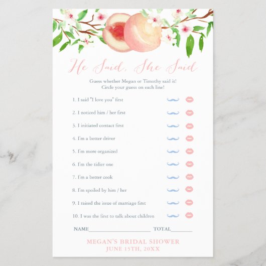 彼は彼女は桃のブライダルシャワーゲームカードと言った チラシ (正面)