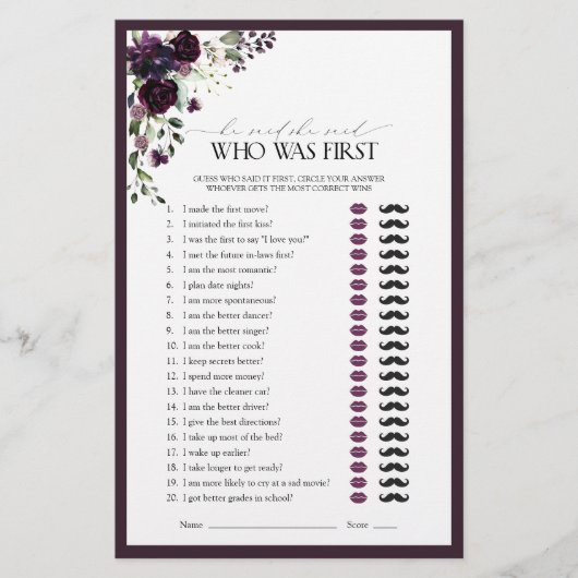 彼は彼女は紫のフローラブライダルシャワーゲームを言った (正面)