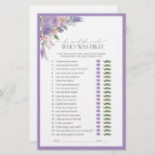 彼は彼女は薄紫ラベンダーのブライダルシャワーゲームを言った (正面/裏面)