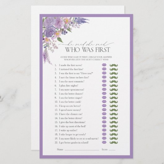 彼は彼女は薄紫ラベンダーのブライダルシャワーゲームを言った (正面/裏面)