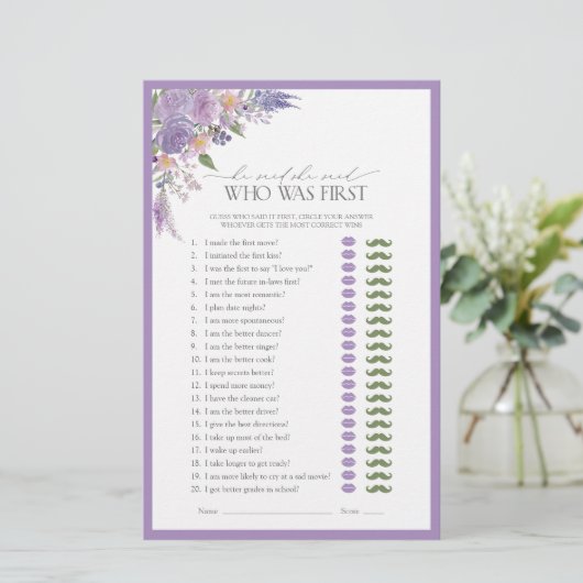 彼は彼女は薄紫ラベンダーのブライダルシャワーゲームを言った (スタンド正面)