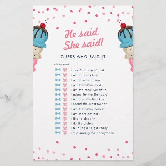 彼は彼女は誰のブライダルシャワーゲームを推測最高のと言った (正面)