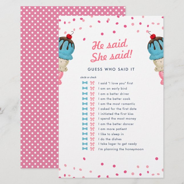 彼は彼女は誰のブライダルシャワーゲームを推測最高のと言った (正面/裏面)