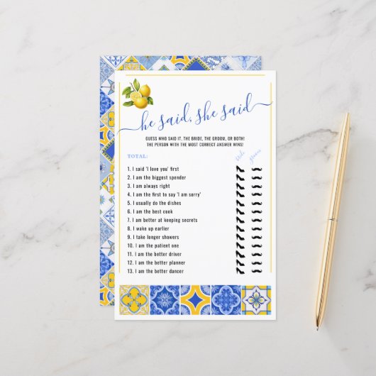 彼は彼女は青いタイルのブライダルシャワーゲームを言った (正面/裏面インサイチュ)