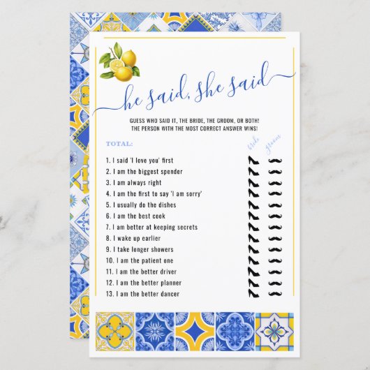 彼は彼女は青いタイルのブライダルシャワーゲームを言った (正面/裏面)
