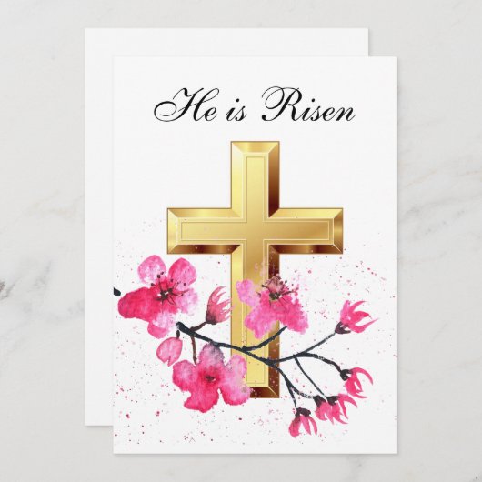彼は復活した水彩復活祭の花のクロス 招待状 (正面/裏面)