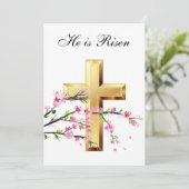 彼は復活した水彩復活祭ピンクの花の十字架 招待状 (スタンド正面)