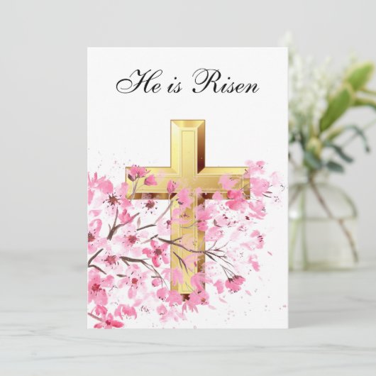 彼は復活した水彩復活祭ピンクの花の十字架 招待状 (スタンド正面)